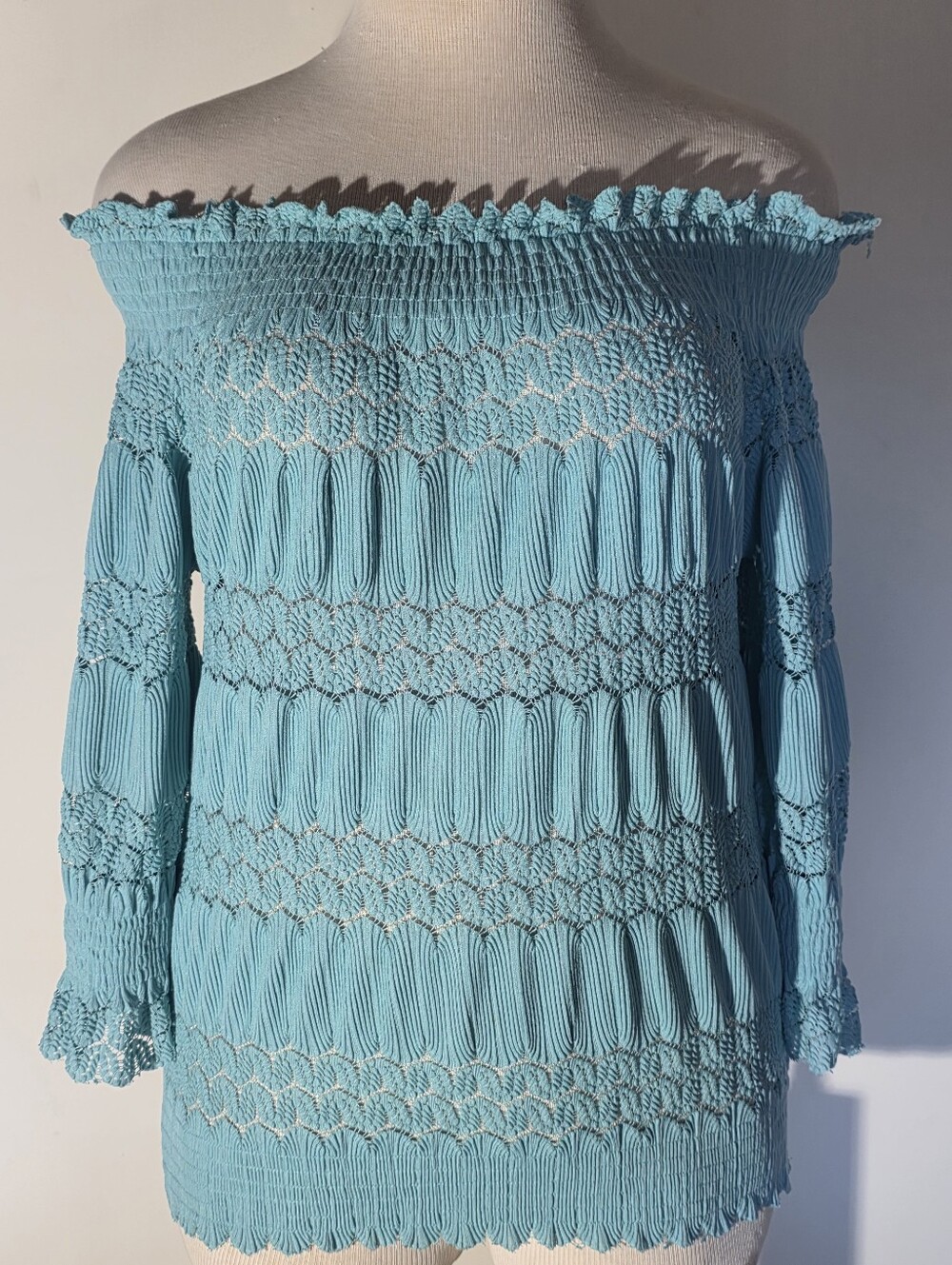 Simply Styled Aqua Off-Shoulder Smocked Tunic (Size L)
